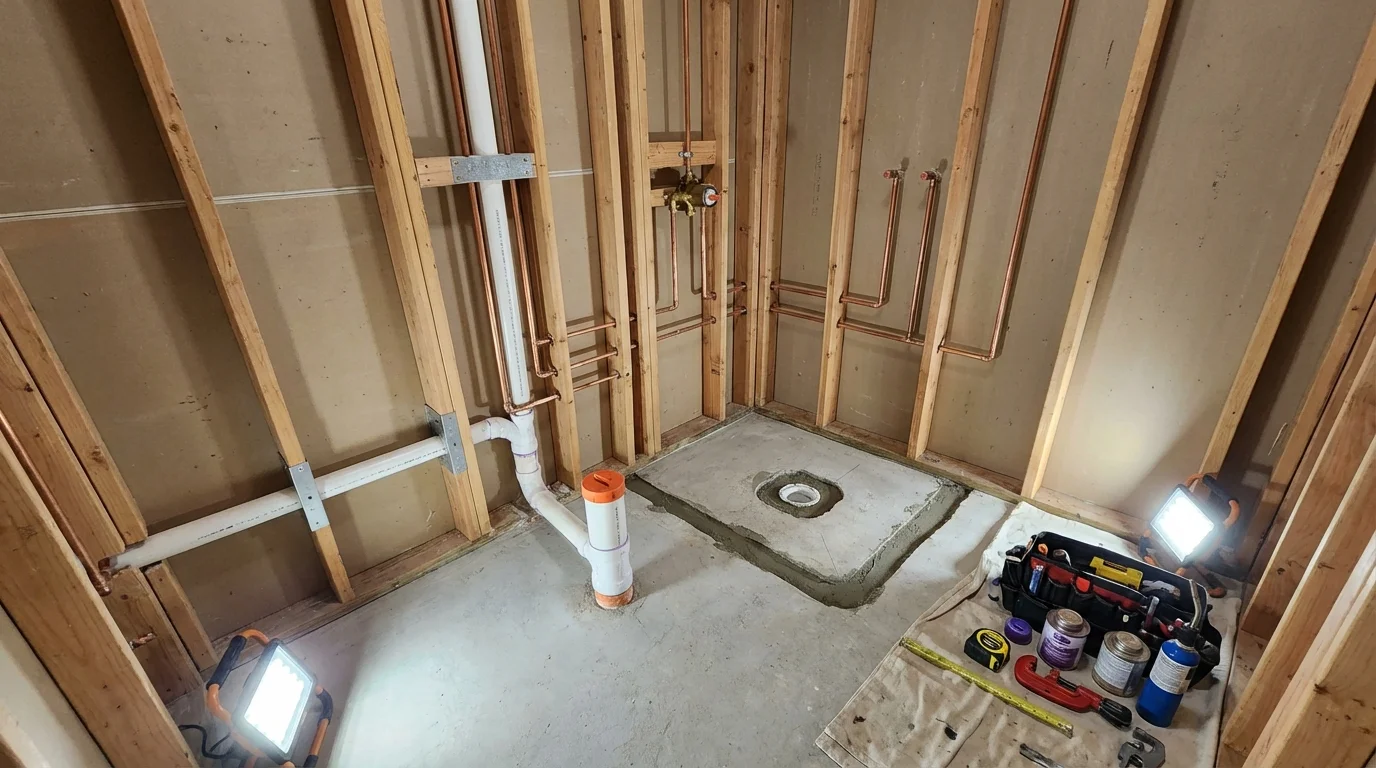 Bathroom rough-in plumbing during remodel by Johns Plumbing LLC in Alliance