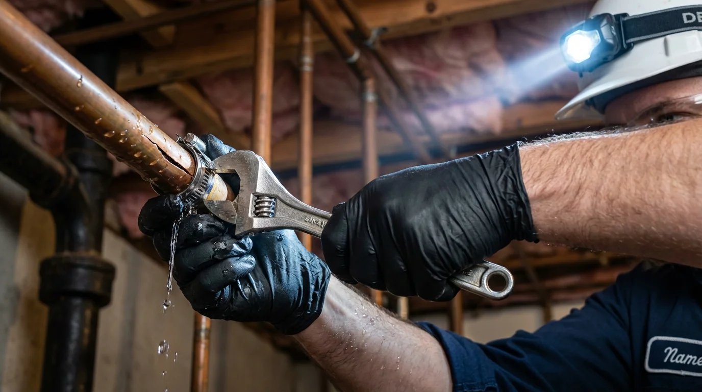 Emergency pipe clamp repair being performed by a Johns Plumbing LLC plumber in Alliance