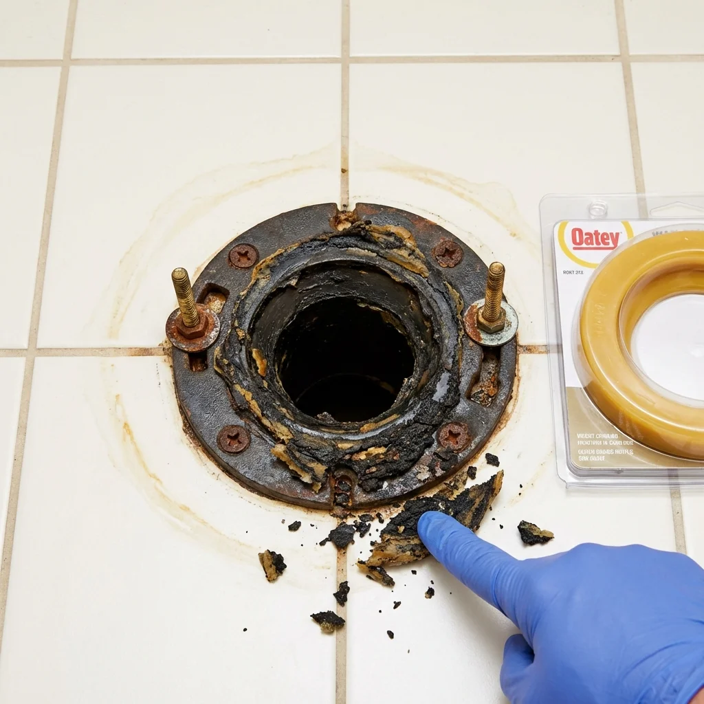 Failed wax ring showing water seepage at the base of a toilet in a Alliance, NE home